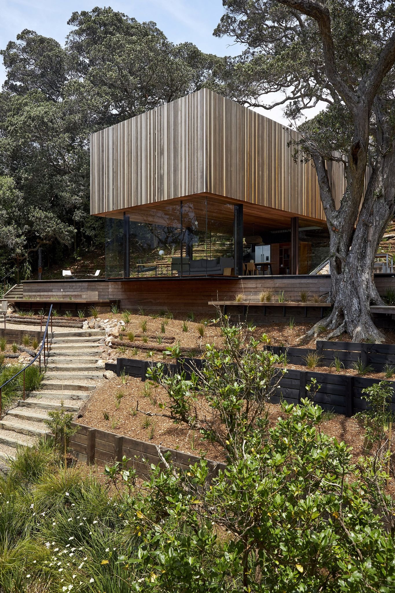 MacKay Curtis Suspends a Timber Sleeping Box Over a Fully Glazed Living Platform